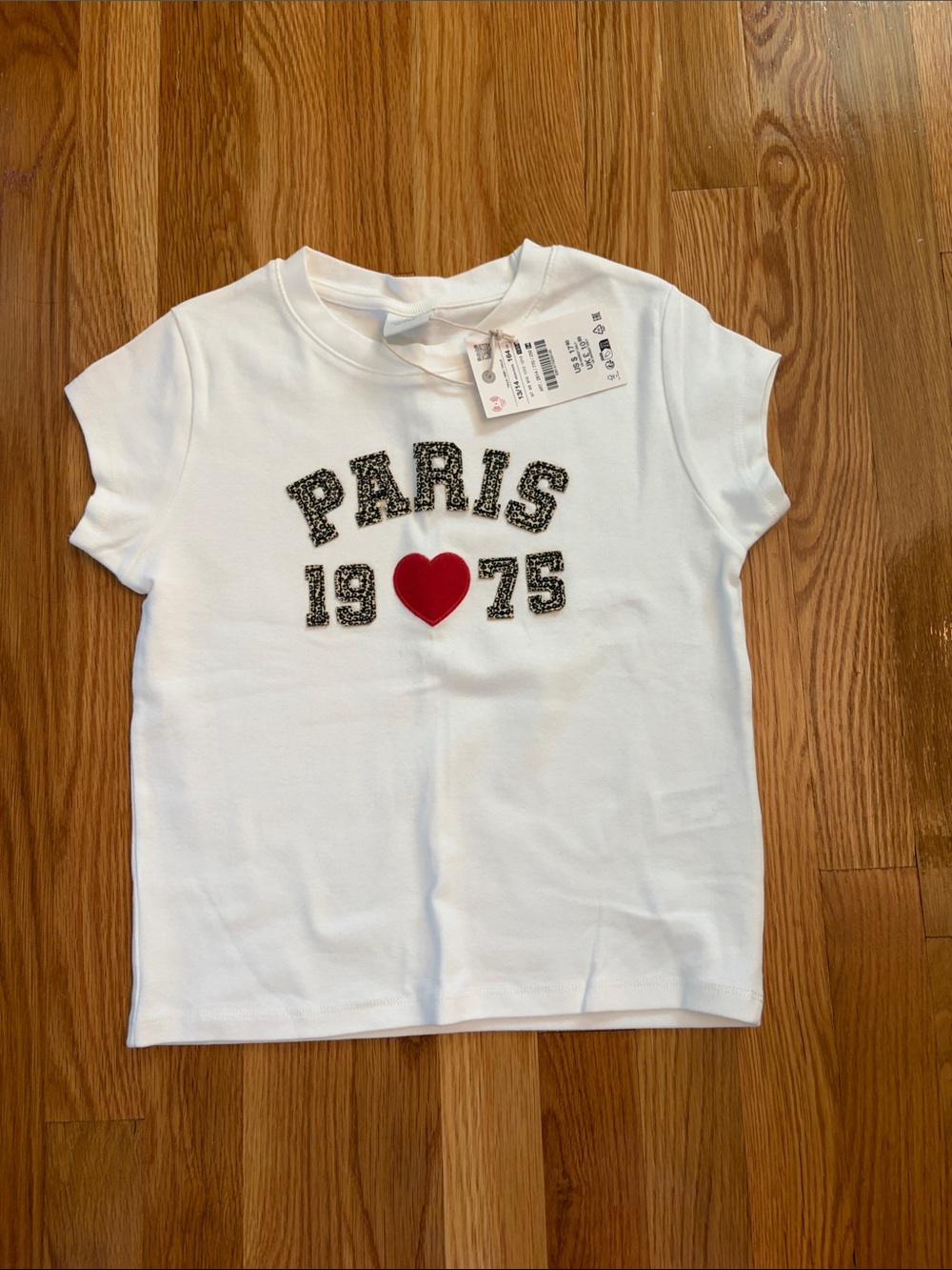 Zara White Short-Sleeve Tee with Paris 1975 and Red Heart